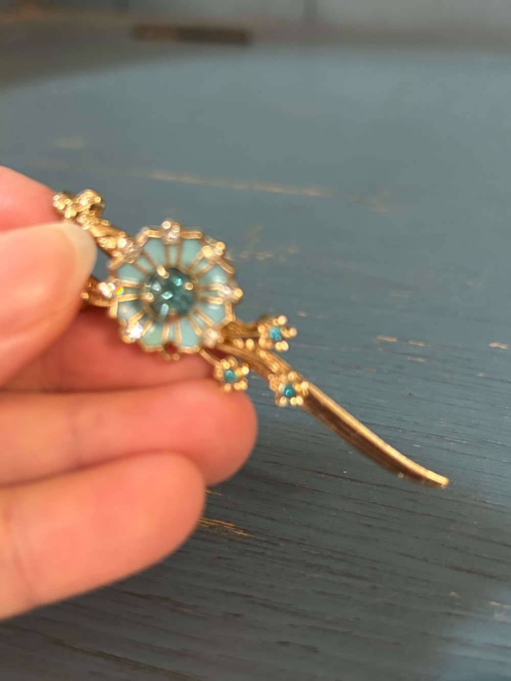 Vintage 1940’s-50’s Art Deco Gold-Tone Floral Pin with Blue Crystal Accents